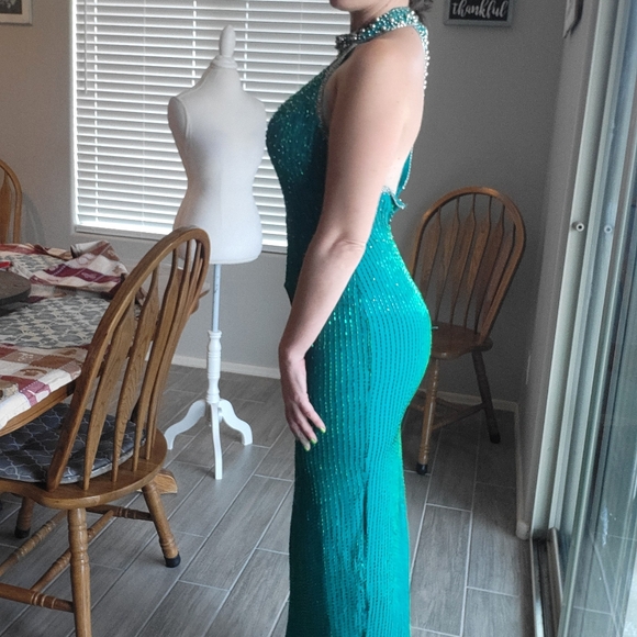 90s Turquoise Teal sequin Beaded Open Back Prom Dance Pageant Dress gown - Picture 2 of 11